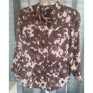 New York & Company Women's Top LG Brown 3/4 Sleeves Floral Button Up Office NWT